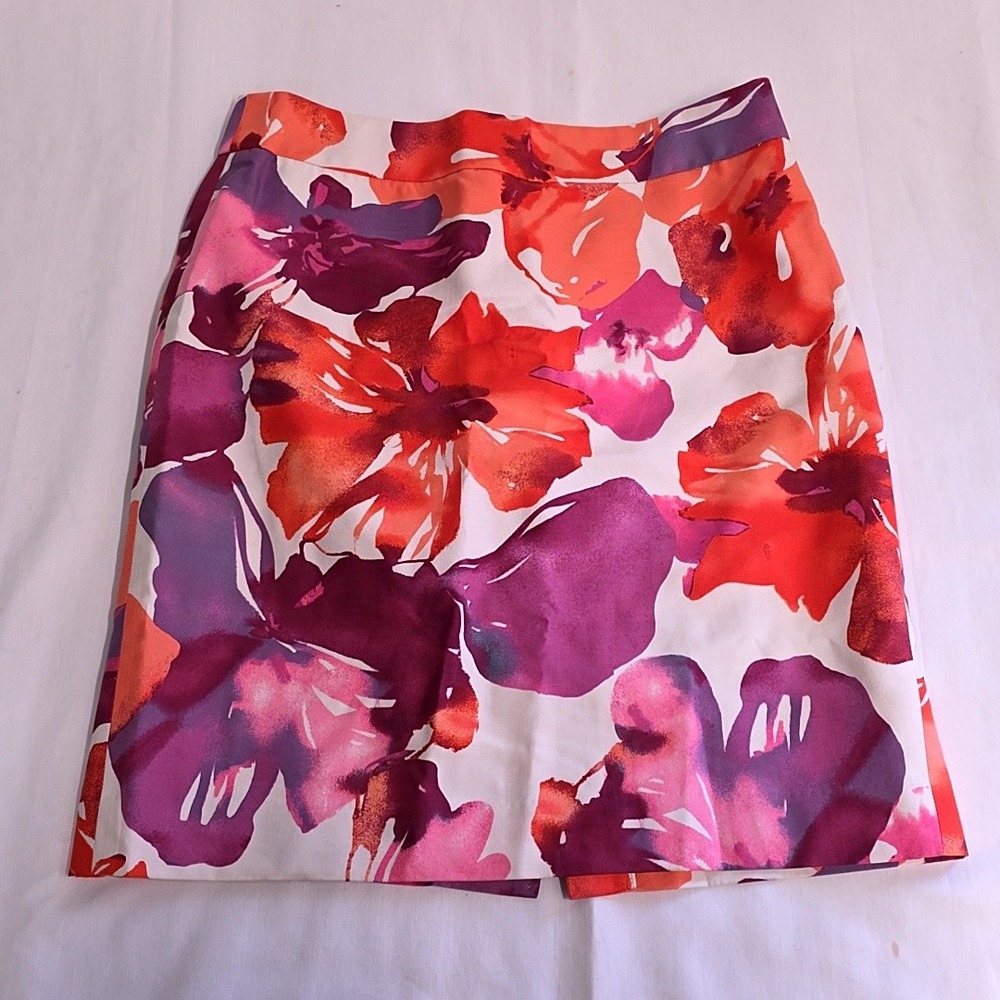 LOFT Pencil Skirt Women 6 Multicolor Floral Cotton Silk Blend Back Zip